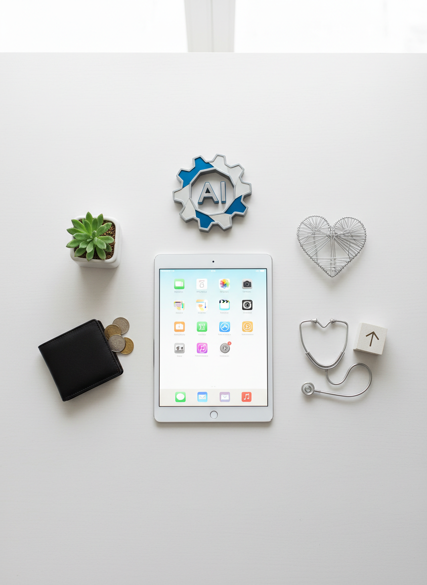 An overhead view of a tidy workspace where a tablet with a crisp, bright home screen lies at the center, surrounded by neatly arranged objects symbolizing everyday knowledge: a small potted plant for lifestyle, a closed wallet with coins for finance, a stethoscope-like device shape for health, a simple geometric gear for AI and tech, and a minimalist building block for entrepreneurship. The items rest on a smooth white desk with subtle texture. Soft diffused daylight from above eliminates harsh shadows, creating a clean, even illumination. The composition uses the rule of thirds, with the tablet as the focal point and the icons forming a subtle circle around it. The mood is clear, organized, and inviting, in a photographic, modern style.