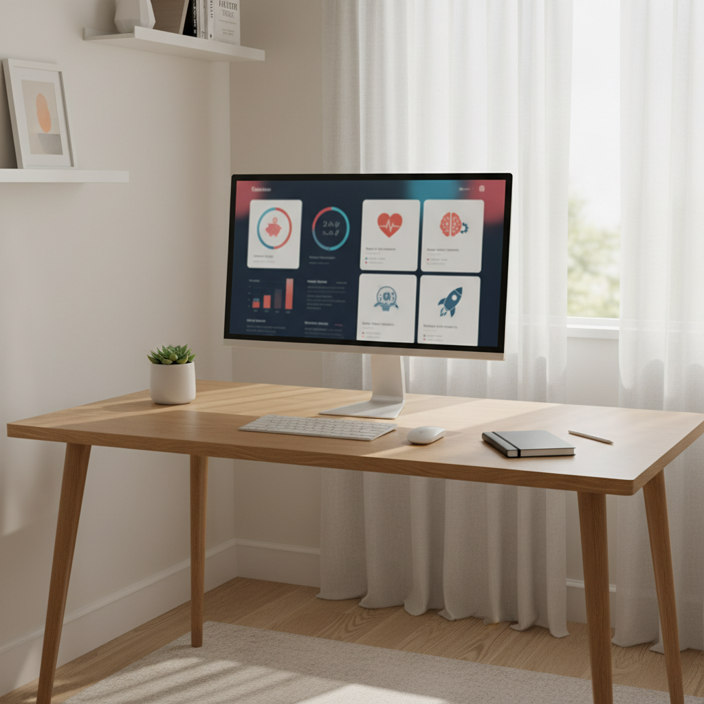 A bright, airy home office corner featuring a large, ultra-thin monitor on a light oak desk, its screen showing a blurred dashboard with graphs, checklists, and icons that hint at personal finance, health tracking, AI analytics, and business planning. A compact wireless keyboard and mouse sit precisely aligned in front, next to a closed, slate-gray notebook. On one side of the desk, a small succulent in a white ceramic pot adds a touch of life. Soft morning sunlight streams through sheer curtains, bathing the scene in diffused, natural light and creating delicate shadows along the desktop. Photographic realism with a wide-angle, eye-level composition emphasizes clarity, calm, and organized thinking, reflecting a professional information hub.