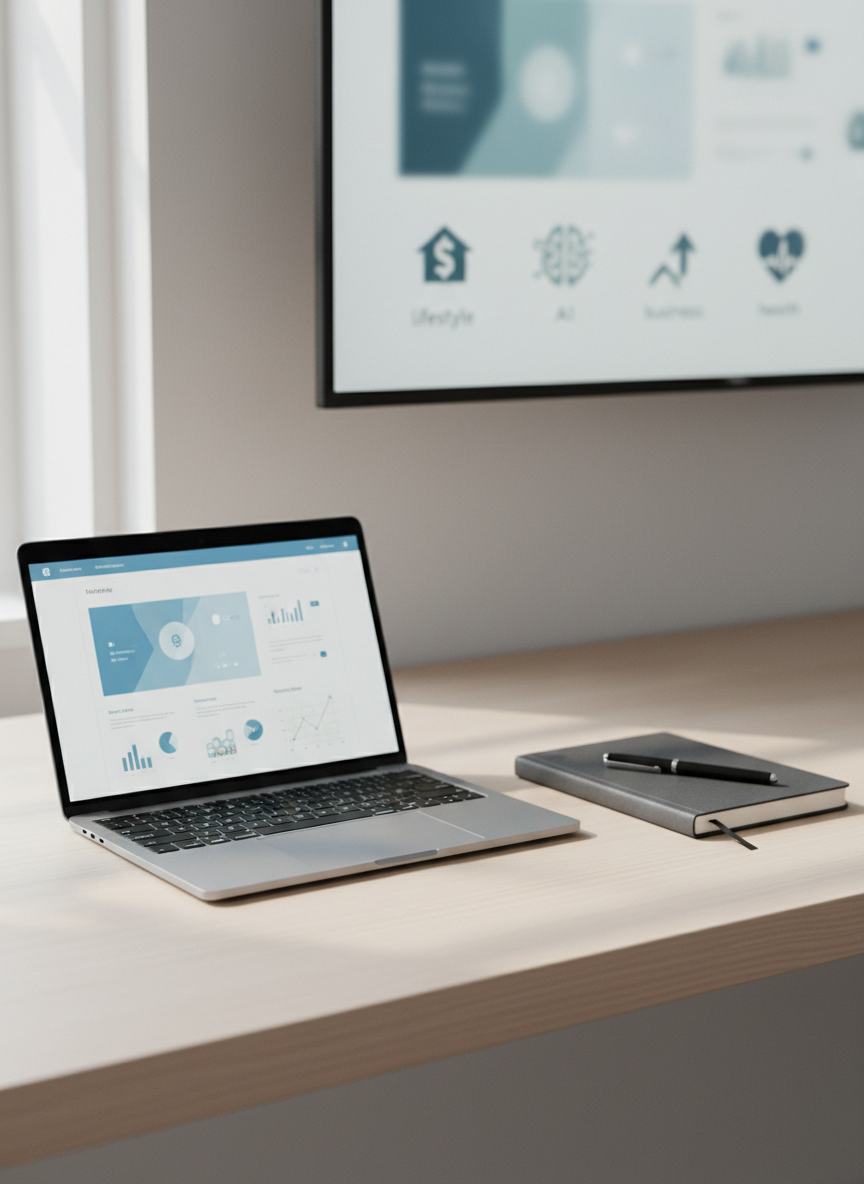 A modern minimalist desk setup featuring a slim silver laptop with a bright, clean dashboard on its screen, a dark graphite notebook, and a sleek black pen arranged neatly on a pale wooden surface. In the background, a large wall-mounted monitor displays softly blurred charts and icons representing lifestyle, finance, AI, business, and health. Natural daylight pours in from an unseen window on the left, creating gentle highlights on the metal surfaces and soft shadows along the desk edge. Captured at eye level with a shallow depth of field, the composition feels organized and professional. The photographic realism, cool neutral tones, and uncluttered environment convey trustworthy, smart information in a calm, focused atmosphere.