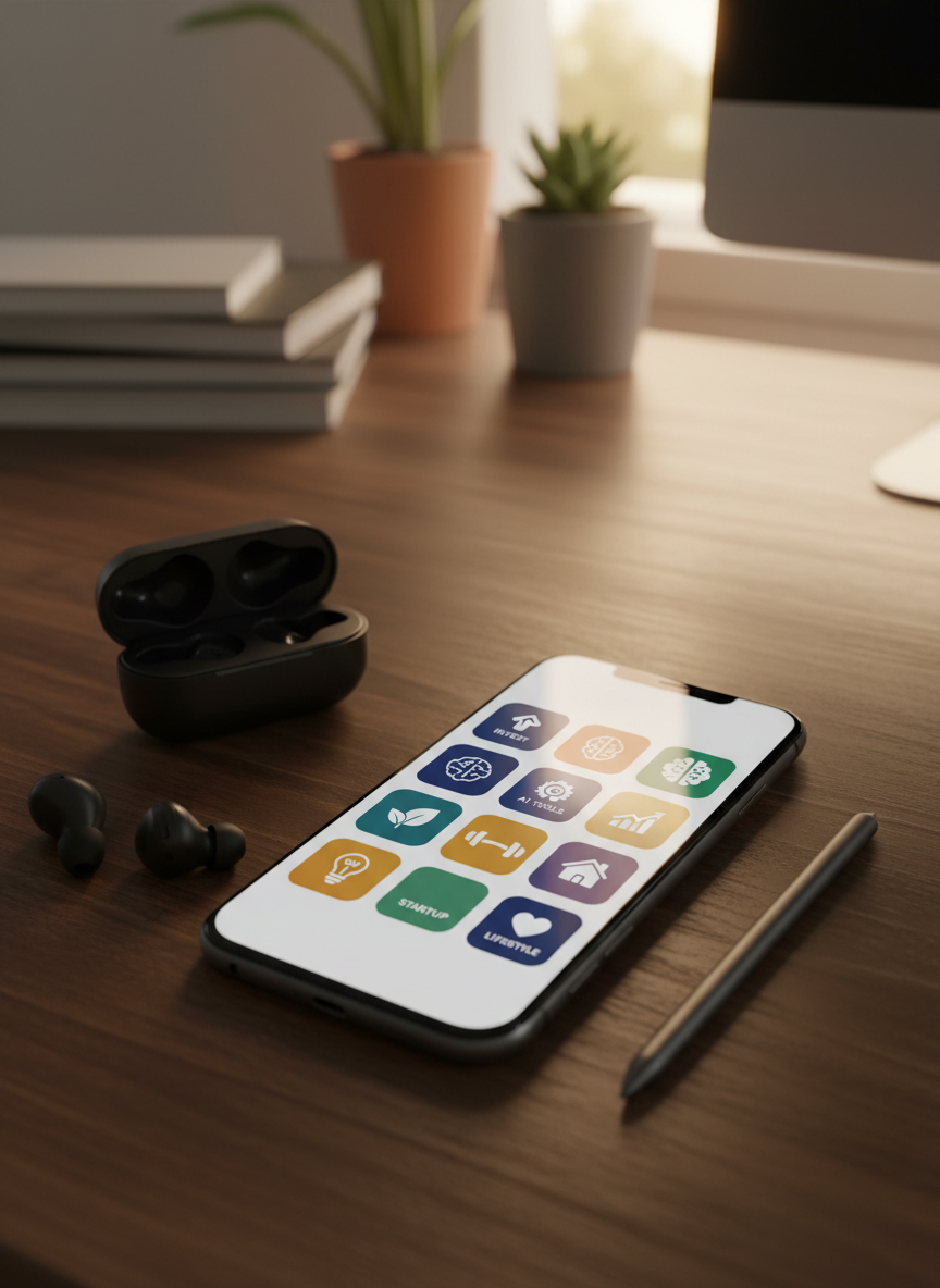 A close-up, slightly angled shot of a smartphone resting on a dark wooden table, its high-resolution screen displaying a neatly organized grid of colorful, abstract icons representing lifestyle tips, investment insights, AI tools, startup ideas, and health guidance. Beside the phone lies a pair of matte black wireless earbuds and a slim metallic stylus, suggesting active learning and productivity. Warm evening light from a nearby lamp casts a golden glow across the surface, creating soft reflections on the glass screen and gentle shadows under the objects. The background falls into a subtle bokeh of an orderly home office. Photographic realism, balanced composition, and warm tones create a professional yet approachable mood, perfect for a smart information platform.